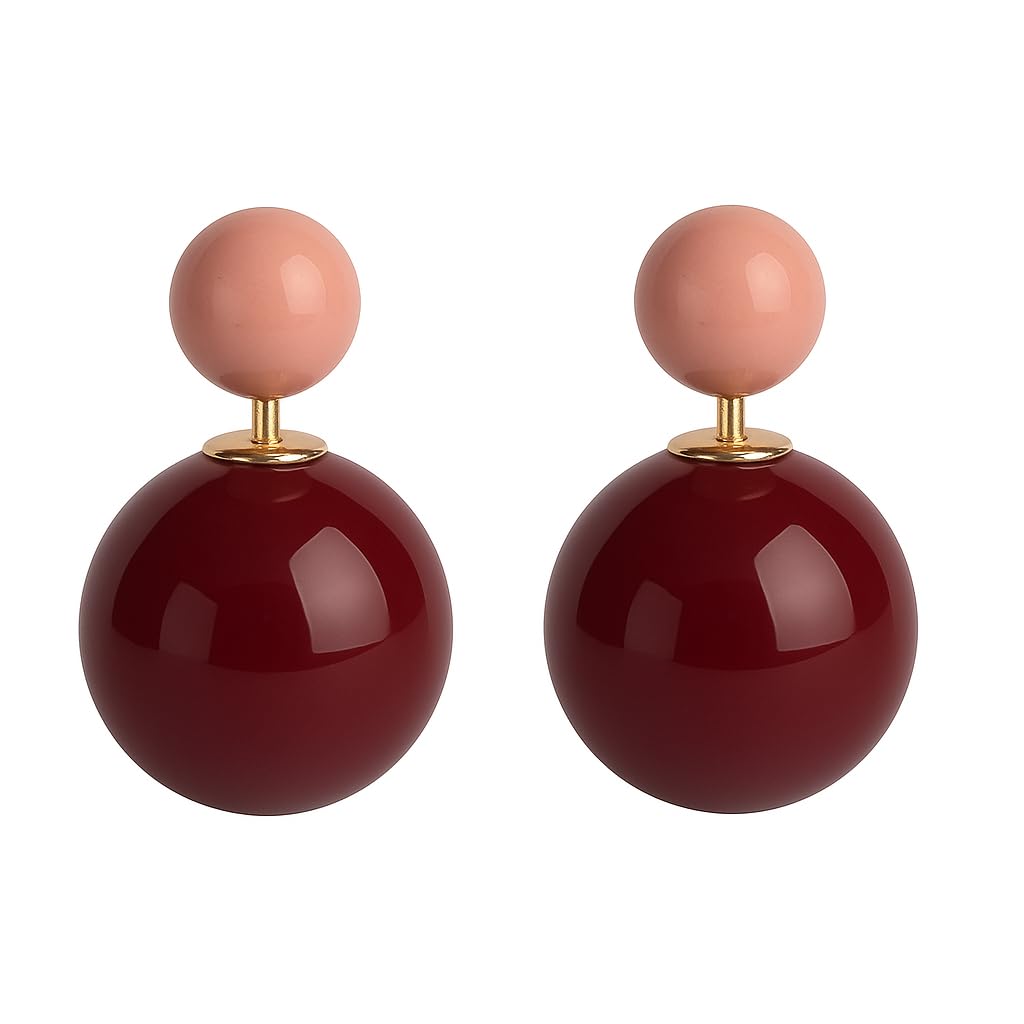 El Regalo 1 Pair Candy Colors 2 Way Beads Earrings- Front-Back Color Clossy Beads Contemporary Earrings for Girls & Women (Beige Red)