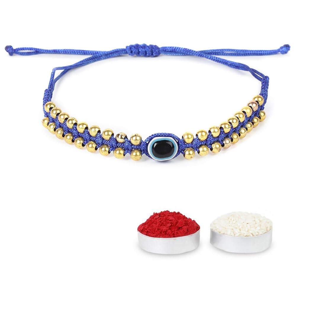 El Regalo Simple & Elegant Evil Eye Rakhi for Brother- Silver & Golden Beads Evil Eye Bracelet Rakhi for Brother/Bhai/Bhaiya with Roli Chawal in Rakhi Gift Box (Golden Blue)