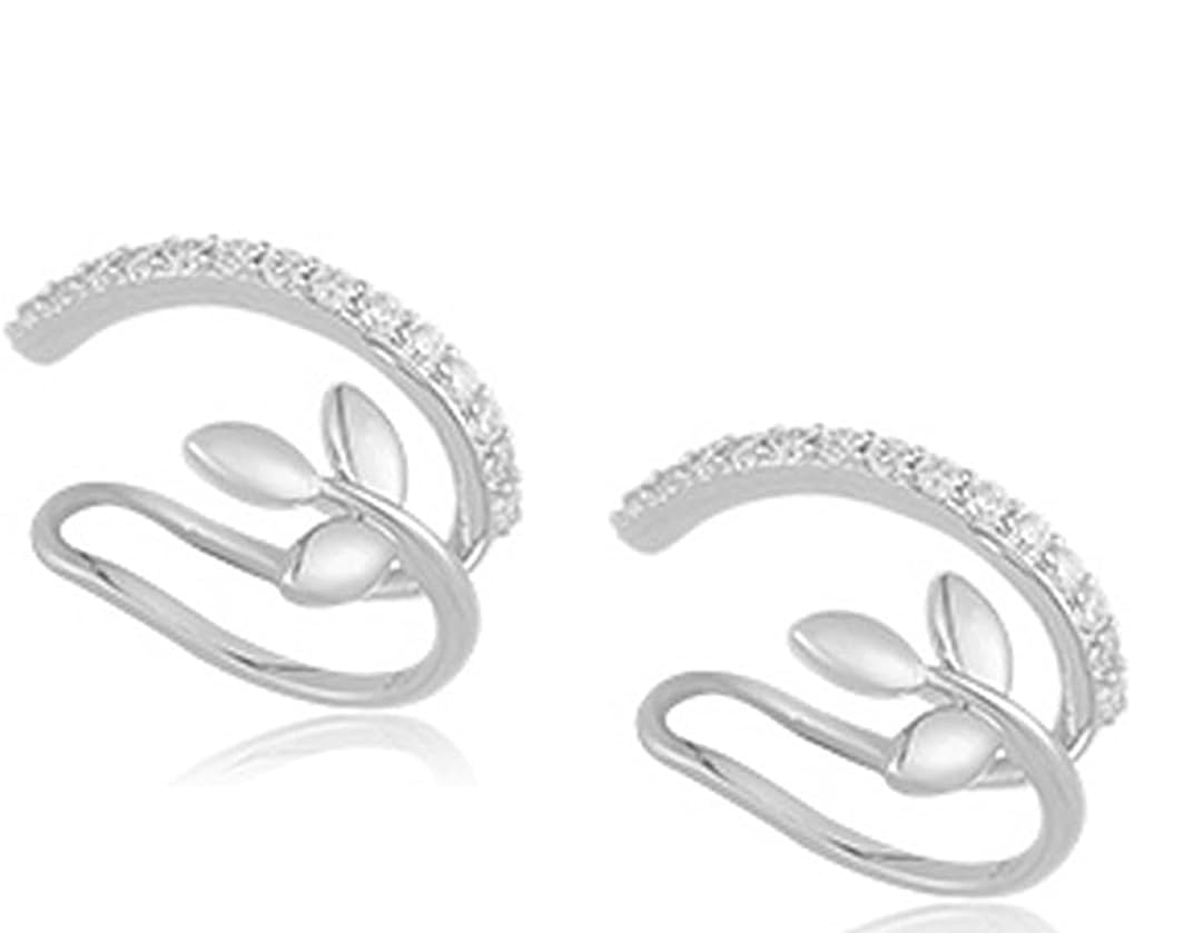 El Regalo 1 Pair CZ Leaf Ear Cuff Wrap Earring for Women Girls- Crystal Cartilage Earring-Fake Huggie Hoop Stud Clip On Non Piercing Dainty Earrings (Silver)
