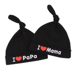 El Regalo 2 PCs I Love Papa/I Love Mama Soft Beanie Knot Unisex Caps for Babies Girls/Boys - Autumn- Spring Newborn Cozy Hat Knot Infant Hat (Black Mama-Papa)