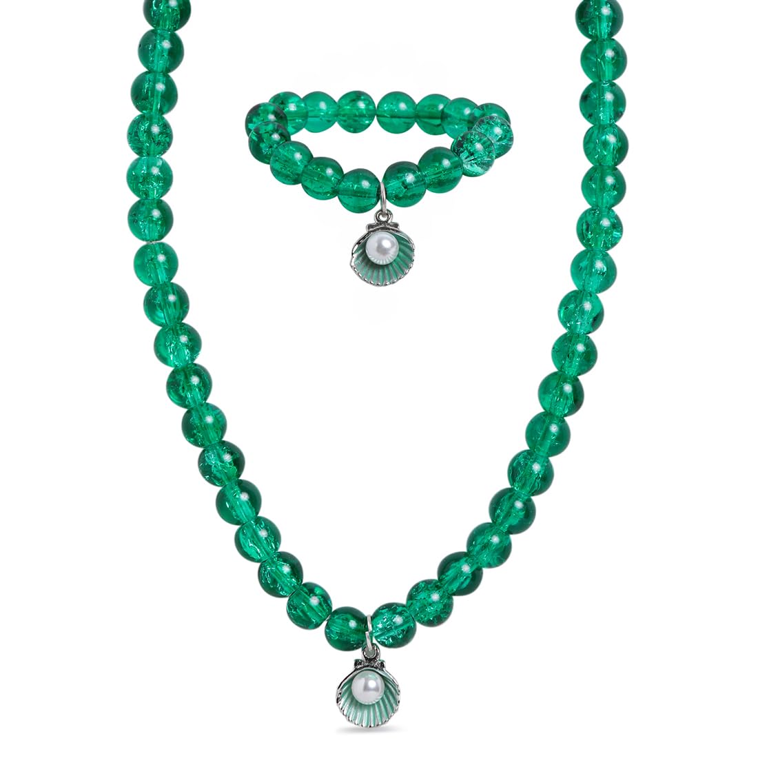 El Regalo 2 PCs Resin Shell Pendant Colorful Sparkly Crackle Beads Pendant Necklace & Bracelet Set for Kids/Girls- Christmas/Birthday Gift for Girls Kids (Green)