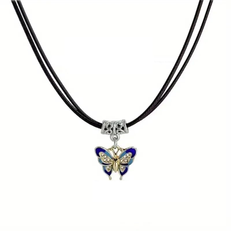 El Regalo Vintage Butterfly Pendant Necklace On Leather Cord- Layered Faux Leather Enameled Butterfly Pendant Choker for Girls & Women (Blue)