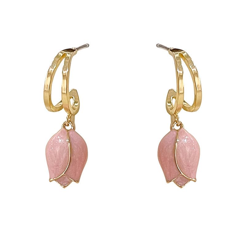 El Regalo Cute Tulip Flower Bud Stud Earrings- Pink Tulip Bud Drop Half Hoop Stud Earrings for Girls & Women- Valentines Gift for Her