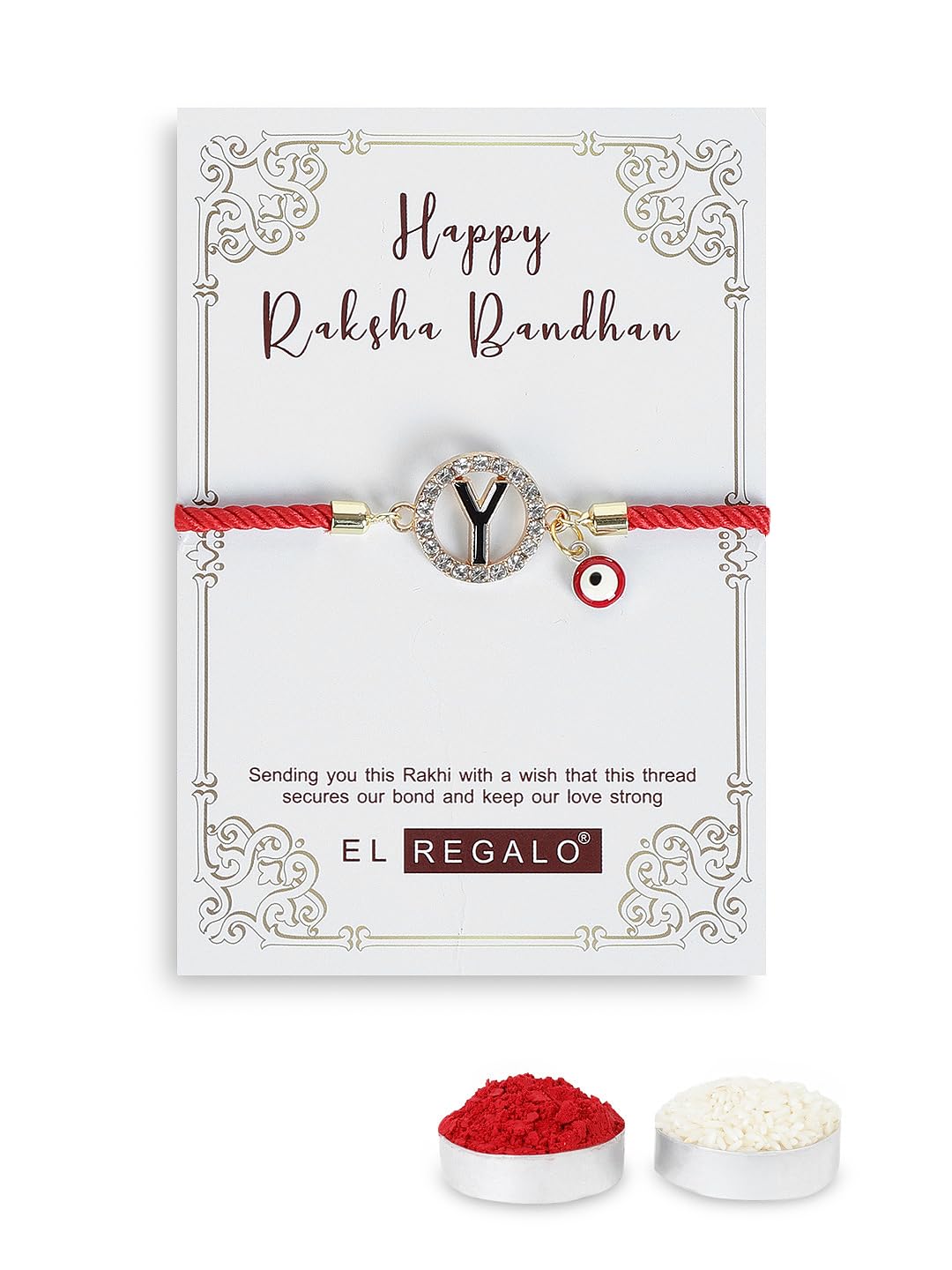 El Regalo Name Initials Evil Eye Bracelet Rakhi for Brother- Name Letter CZ Rakhi with Roli Chawal, Message Card in Rakshabandhan Box for Bhai (Red- Y)