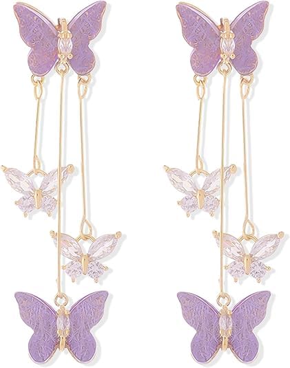 El Regalo Cute 3D Crystal Butterfly Tassel Earrings for Women & Girls | 18K Gold Plated Long Hanging Drop Linear Earrings | Elegant Korean Aesthetic Western Party Jewelry (Purple)