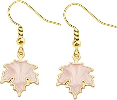 El Regalo 1 Pair Enamel Fall Maple Leaves Hypoallergenic Drop Earrings for Girls/Teens/Women (Pink Maple Leaves)