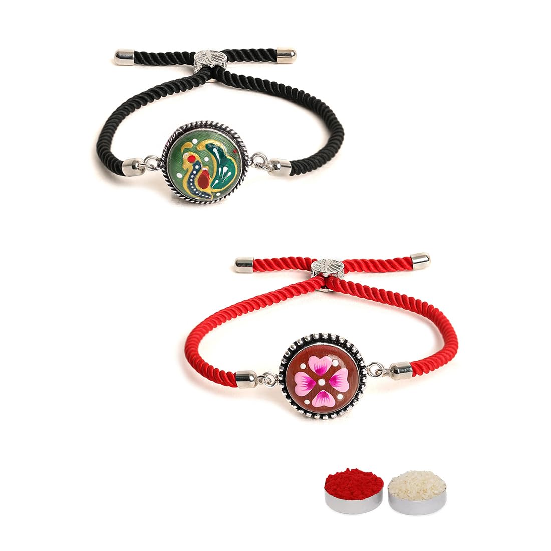 El Regalo 2PCs Auspicious OM/Swastik/Floral Hand Painted Bhaiya, Bhabhi Rakhi Set - Designer Rakhi Combo with Roli Chawal Shagun, Message Card in Rakhi Gift Box (Peacock & Flower Rakhi)