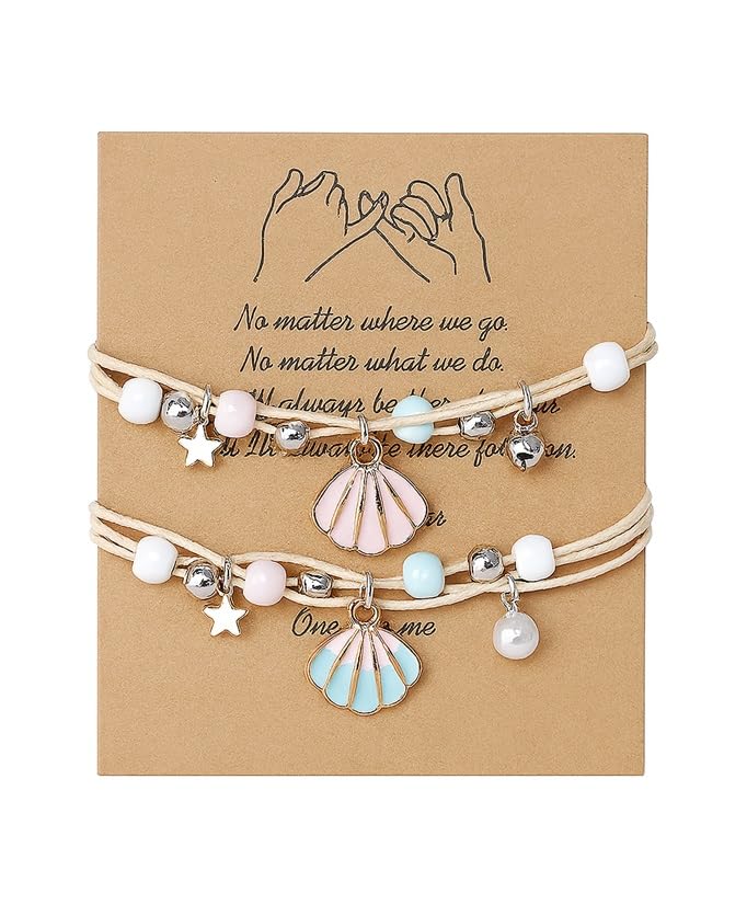 El Regalo 2PCs Shell Pearl & Star Fish Charms Bracelets Set for Girls & Women- Bright & Colorful Unique Handmade Beach Theme Bracelets Set (Option-3)