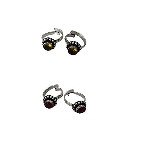 El Regalo Stones Toe Rings For Women | Toe Rings Combo | Oxidized German Silver Toe Rings Sets with Stones (2 Pairs) for Women (Black & Green)