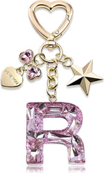El Regalo Personalized Glitter Initial Letter Keychain for Girls & Women - Cute Pink Resin Alphabet Keyring with Heart & Star Charms - Fancy Luxury Bag Accessory & Birthday Gift (Letter R)
