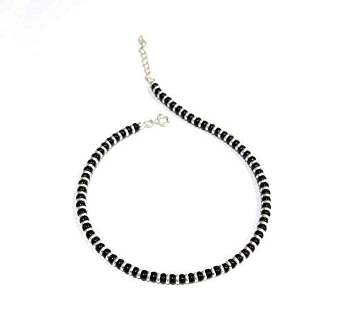 El Regalo German Silver Beads One Leg Beaded Bohemian Fashion Anklets for Women (Black & Silver) (Style-1)
