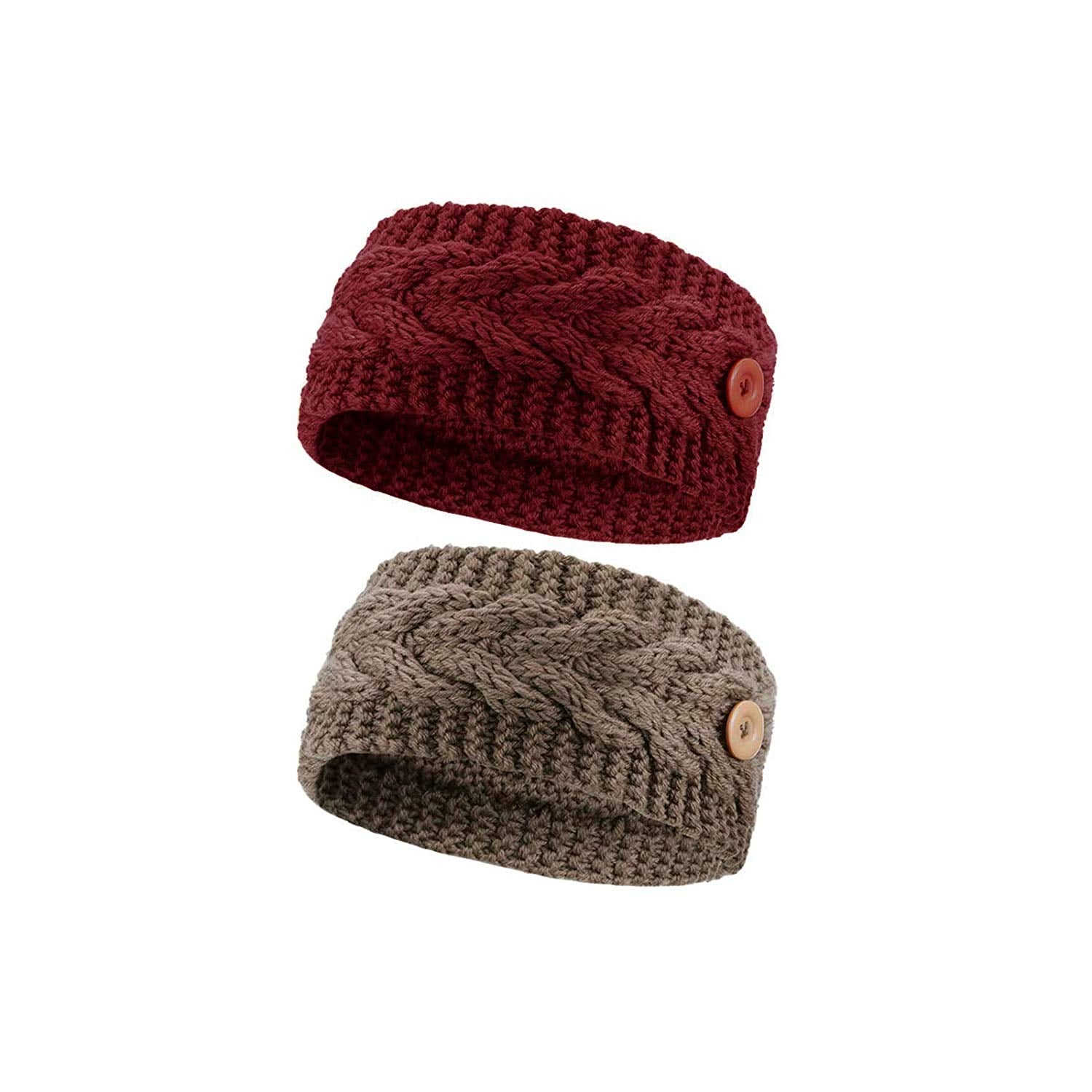 El Regalo 2 PCs Knitted Winter Woolen Warm Headband with Buttons for Face Mask Cover | Cold Weather Hair Accessories Head Wrap | Winter Headbands for Women & Men (Pack of 2) (Red & Khakhi)