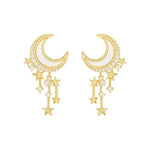 El Regalo Golden Moon, Pearl, Cat, Flower, Wings Dangle Earrings For Girls & Women- Temperament Pearl Cherry Cat Rhinestone Earring Girl Party Jewelry Gift (Moon Star Tassel Earrings)