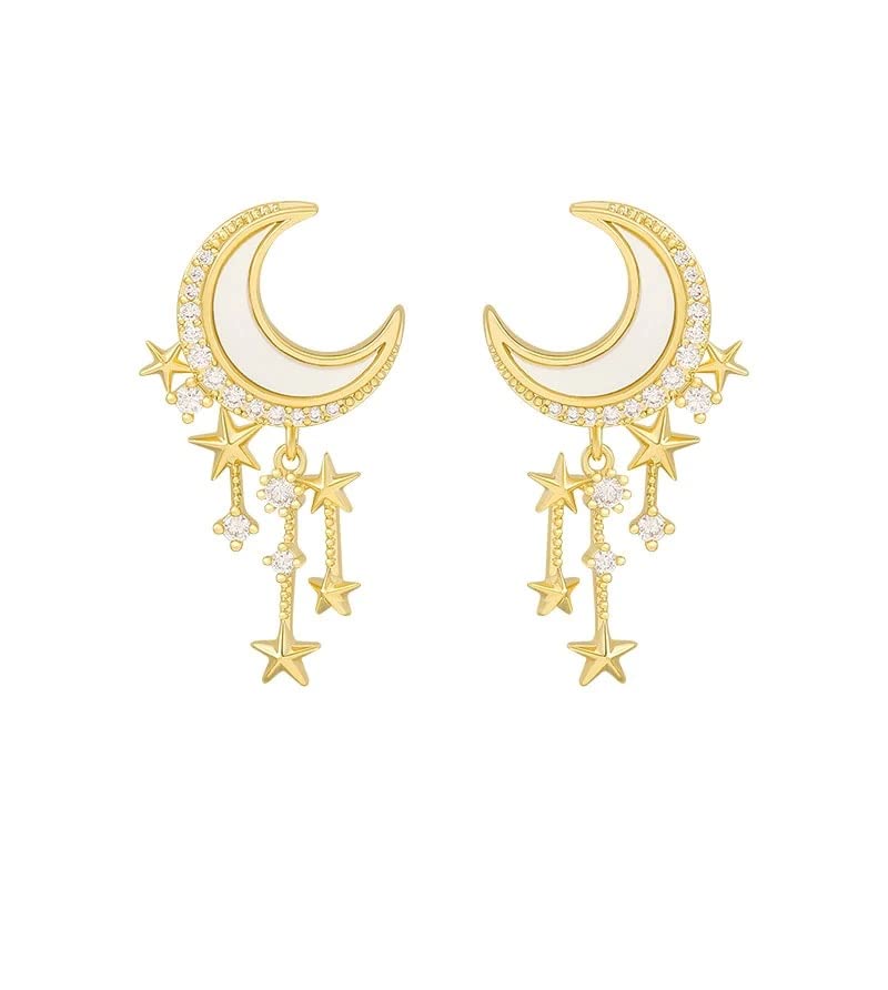 El Regalo Golden Moon, Pearl, Cat, Flower, Wings Dangle Earrings For Girls & Women- Temperament Pearl Cherry Cat Rhinestone Earring Girl Party Jewelry Gift (Moon Star Tassel Earrings)