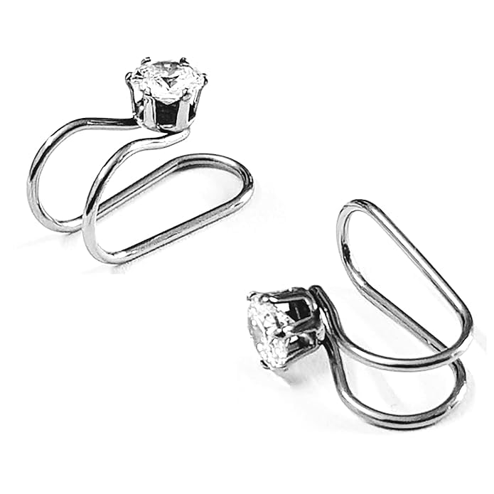 El Regalo 2 PCs Clip-On Non Pirecing Cuff Earrings for Girls & Women- CZ Crystal Ear Cuff Wrap Cartilage Clip Earrings Elegant No Piercing Ear Cuff Clip (Silver)