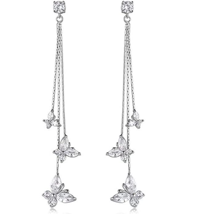 El Regalo Crystal Butterfly Drop Dangle Tassel Earrings for Women & Girls- Long Tassel Butterfly Earrings (White Butterfly Earrings)