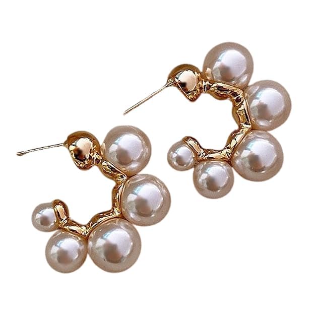 El Regalo French Elegant Luxury Pearls C Shape Stud Earrings for Women & Girls - Vintage-Inspired Pearl Circle Hoop Earrings with Gold Metal Settings, Trendy and Fancy Ear Tops (Metallic Brown)