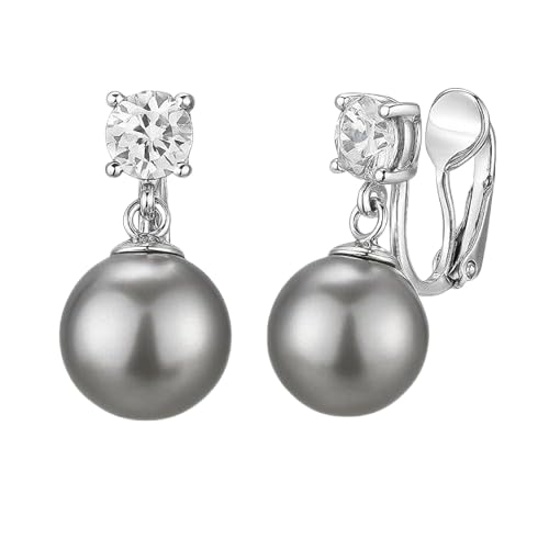 El Regalo CZ Pearl Clip-On Earrings for Women & Girls | Non-Pierced Earrings with CZ Sparkle | Elegant Clip On Pearl Earrings for Weddings, Parties & Casual Wear (Grey)