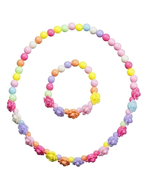 El Regalo 2 PCs Kids Girls Colorful Jewelry Sets - Kids Candy Color Beads Necklace & Bracelets Jewelry Sets for Girls & Toddlers (Multicolor Flowers Set)