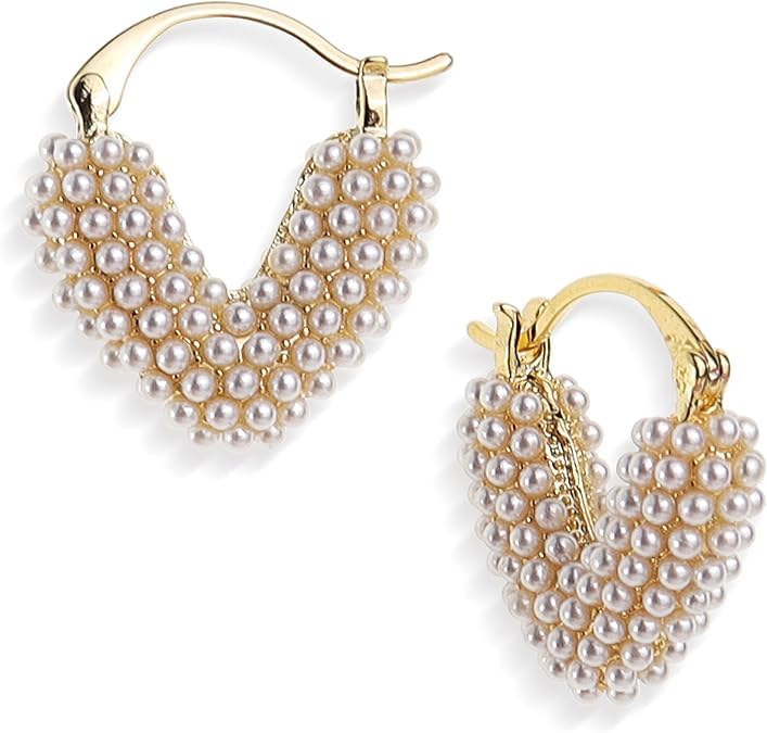 El Regalo Gold-Plated Pearl Heart Hoop Earrings for Women & Girls - Classic, Elegant Tiny Pearl Heart Hoops, Trendy & Fashionable Earrings for Everyday Wear