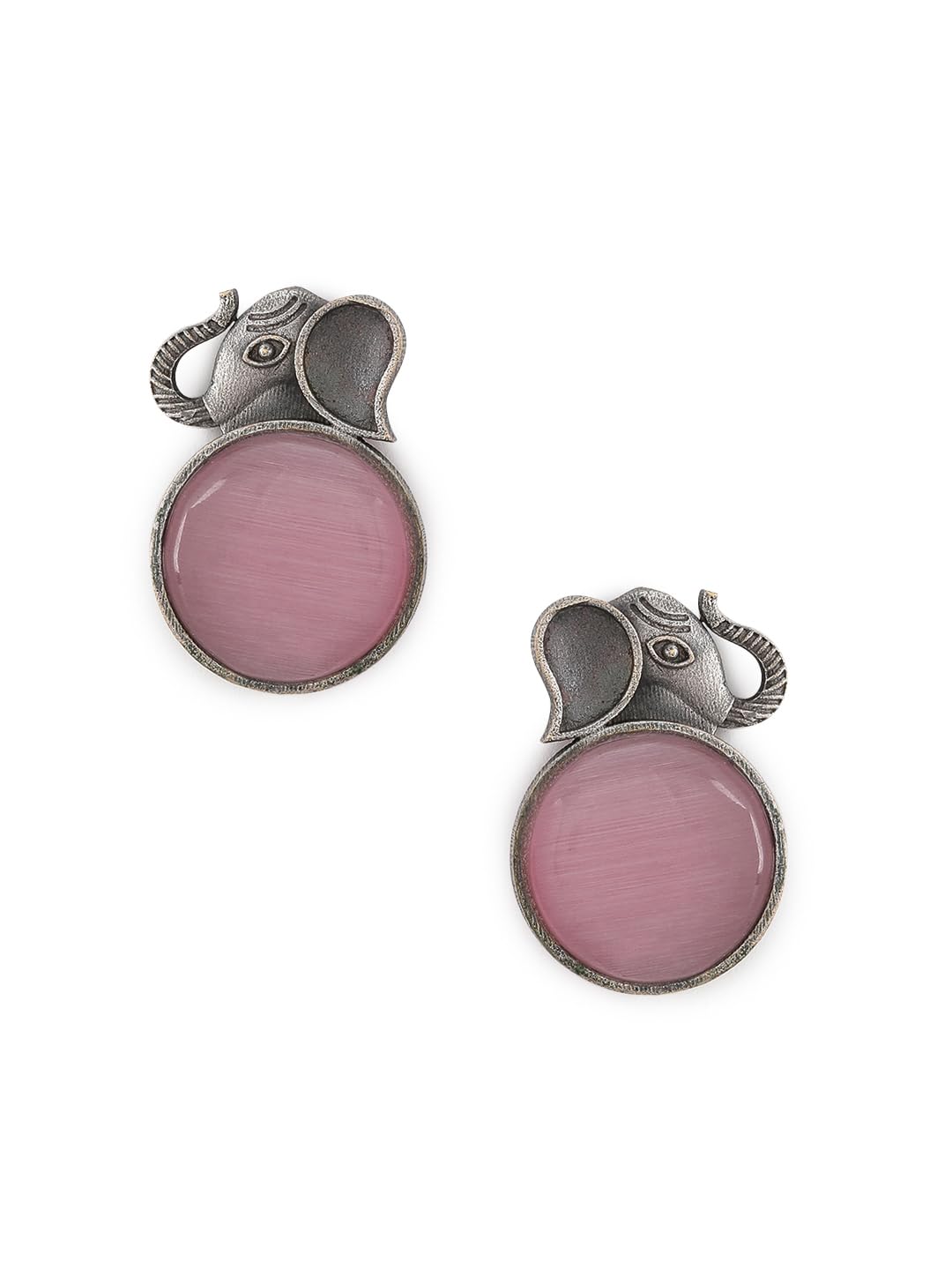 El Regalo 1Pair Oxidized German Silver Ganesha Elephant Stone Stud Earrings- Handcrafted Unique Earrings with Color Stone Options (Pink)