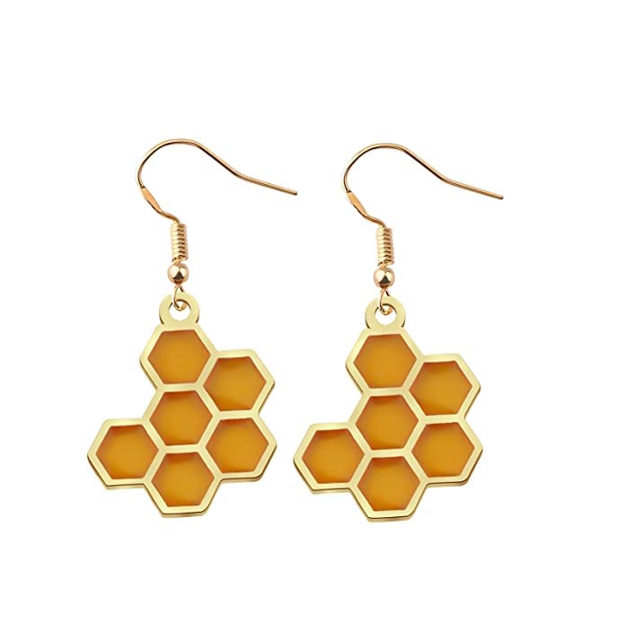 El Regalo Enamel Honeycomb Bee Earrings for Girls & Women - Geometric Hexagon Honeycomb Beehive Dangle Earrings (Honeycomb Earrings)