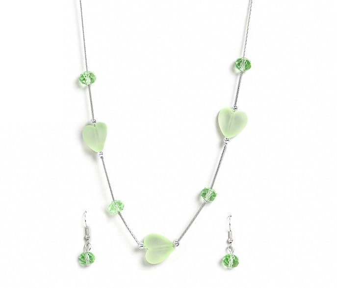 El Regalo 2PCs Crystals Beads Necklace & Earrings Jewelry Set for Kids/Girls & Teens - Shimmering/Matt Crystal Beads Fancy Jewelry Set (Light Green Heart)