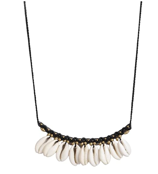 El Regalo Bohemian Gypsy Hippie Cowrie Beads Collar Macrame Choker Necklace for Girls & Women | Adjustable Retro Cowrie Handmade Beach Choker Necklace (Black Macrame Cowrie Necklace)
