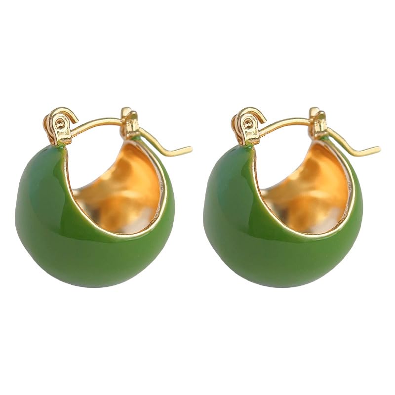 El Regalo Chunky 18K Gold Plated Enamel Hoop Earrings for Women & Girls | Elegant Bold Teardrop Huggie Hoops | Fancy Western Statement Jewellery | Glossy Curved Design for Casual Wear, Office & Party (Emerald Forest Green)