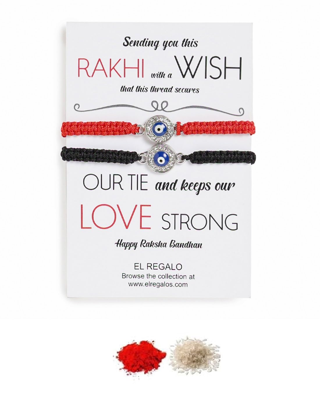 El Regalo 2PCs Evil Eye Rakhi Combo Set for Bhai-Bhabhi or Bhai-Bhatija/Bhatiji- 2 Evil Eye Rakhis with Roli Chanwal, Rakhi Card in Rakhi Gift Box (Option-10)