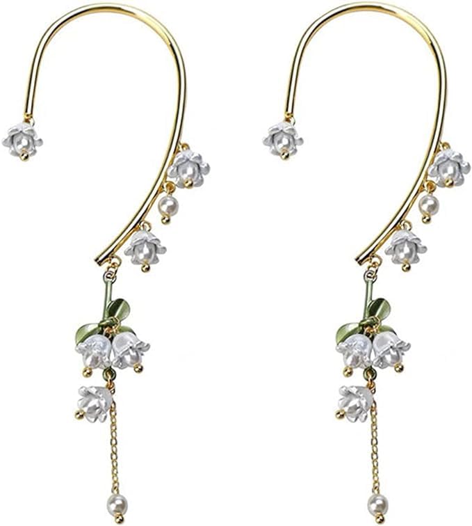 El Regalo 1 Pair Lily of the Valley Ear Cuffs Earrings for Women, Non Piercing Leaf Lily Flower Ear Cuffs Wrap Clip on Crawler Climber for Women