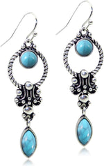 El Regalo Small Handmade Vintage Silver Tone Simulated Turquoise Dangle Drop Earrings for Women Girls- Retro Blue Stone Earrings