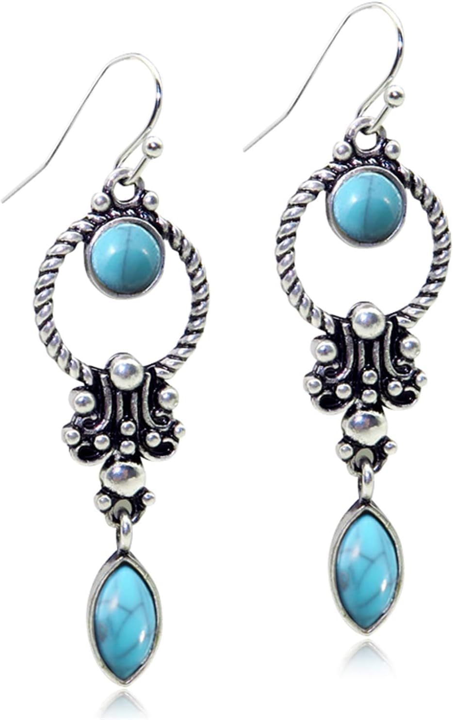 El Regalo Small Handmade Vintage Silver Tone Simulated Turquoise Dangle Drop Earrings for Women Girls- Retro Blue Stone Earrings