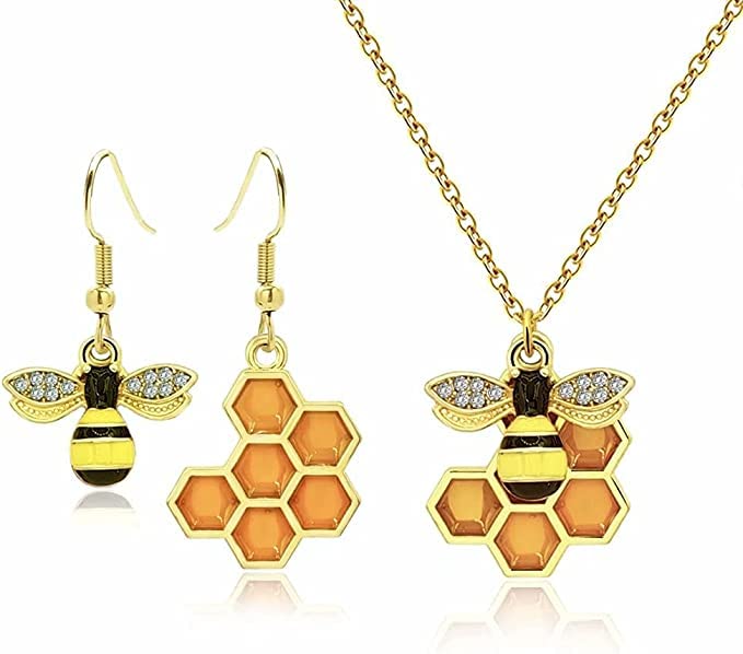 El Regalo Enamel Honeycomb Bee Earrings, Pendant Necklace Jewelry Set for Girls & Women - Geometric Hexagon Honeycomb Beehive Dangle Earrings (Style-1)