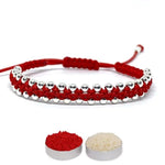 El Regalo Minimalist Beaded Bracelet Rakhi For Bhai, Red Thread & Silver Beads, 25cm, Silver Red