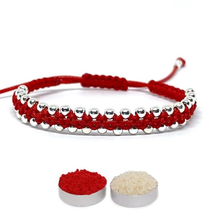 El Regalo Minimalist Beaded Bracelet Rakhi For Bhai, Red Thread & Silver Beads, 25cm, Silver Red