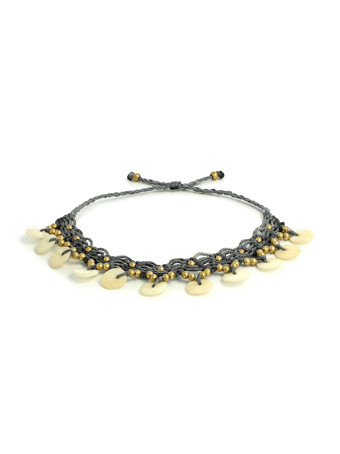 El Regalo 1 PC Boho Anklet- Cowrie Shell & Brass Charms Macrame Adjustable Bead Anklet for Girls & Women- 1 Leg Fashion Barefoot Anklets (Grey Flat Shell Anklet)