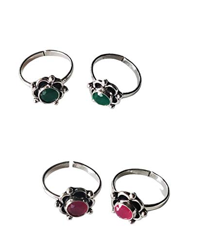 El Regalo Toe Rings For Women | Stones Toe Rings Combo | Oxidized German Silver Flower Toe Rings Sets with Stones (2 Pairs) for Women (Emerald Green)