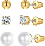El Regalo 3 Pairs Stainless Steel Cartilage Earrings Set for Women & Men - 18K Gold Plated 6mm Small Stud Earrings Combo | Cubic Zirconia, Round Ball & Pearl Piercing Jewellery for Helix, Tragus, Lobe