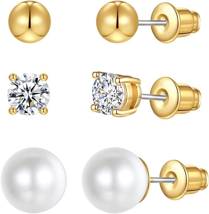 El Regalo 3 Pairs Stainless Steel Cartilage Earrings Set for Women & Men - 18K Gold Plated 6mm Small Stud Earrings Combo | Cubic Zirconia, Round Ball & Pearl Piercing Jewellery for Helix, Tragus, Lobe