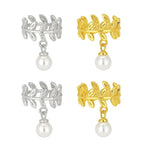 El Regalo 2 Pairs Leaf Pearl Ear Clip Cuff Earrings for Women & Girls - No Piercing Olive Leaf Cartilage Clip-on Earrings Combo (Gold & Silver Finish, Minimalist Pearl Design)
