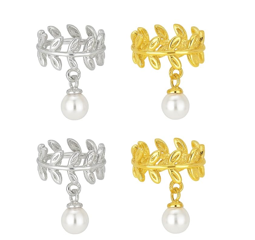El Regalo 2 Pairs Leaf Pearl Ear Clip Cuff Earrings for Women & Girls - No Piercing Olive Leaf Cartilage Clip-on Earrings Combo (Gold & Silver Finish, Minimalist Pearl Design)
