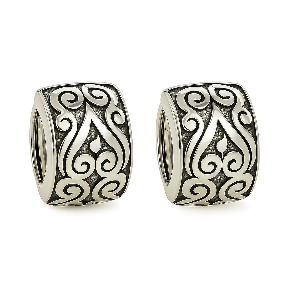 El Regalo 925 Silver Plated Hollow Filigree Hoop Earrings for Women - Vintage Oriental Carved Huggie Hoops, Retro Ethnic Jewelry