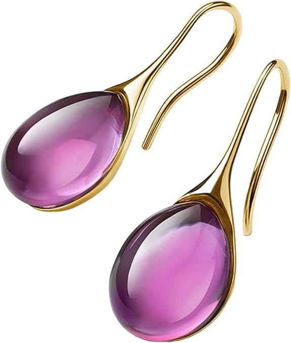 El Regalo Gold Plated Water Drop Style Crystal Inlaid Stone Classic Plain Dangle Hoop Earrings- Inlaid Crystal Drop Earrings for Girls & Women (Poppy Purple)