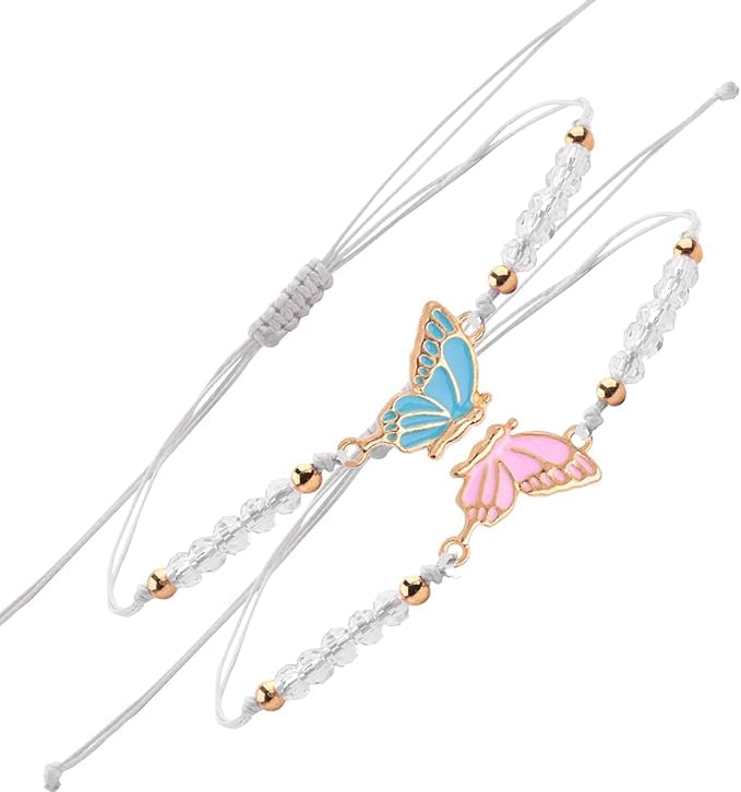 El Regalo 2PCs Butterfly Friendship Bracelets Set for Girls - Adjustable Handmade BFF Strand Bracelets for Best Friends - Symbolic Matching Jewelry for Birthday, Christmas, Graduation, Anniversary (White)