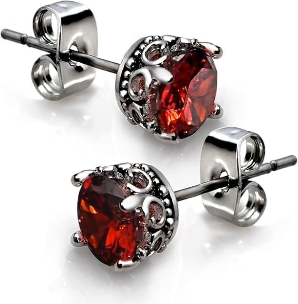 El Regalo Unisex Retro Vintage Garnet Red Stones Stud Earrings - Stainless Steel CZ Crown Earrings, Hypoallergenic 316L Stainless Steel, Red Crystal Earrings, Simulated Garnet, 6mm Studs