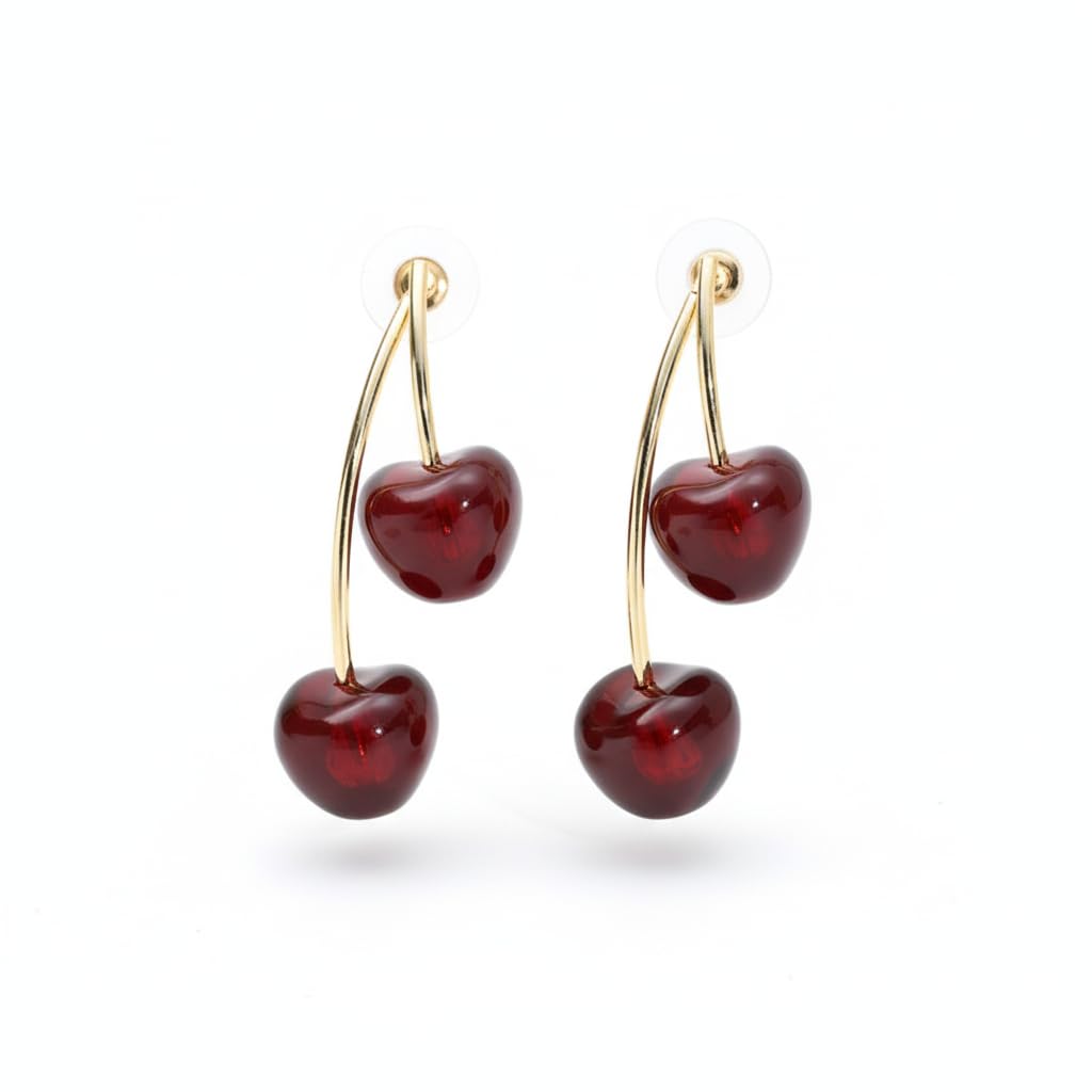 El Regalo Cute Red Double Cherry Front Back Jacket Earrings for Girls & Women | Glossy Fruit Design Gold-Tone Earrings | Fashion Statement Dangle Earrings for Party & Casual Wear