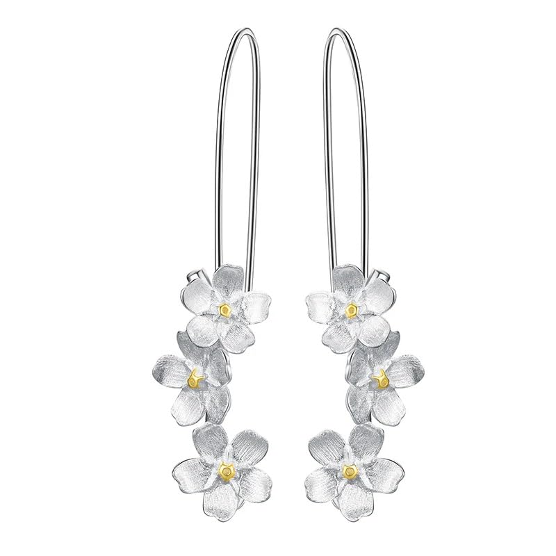 El Regalo Womens Cherry Blossom Cascade Silver Plated Jasmine Flowers Drop Hook Earrings - Elegant Triple Flower Long Drop Earrings with Gold-Plated Accents