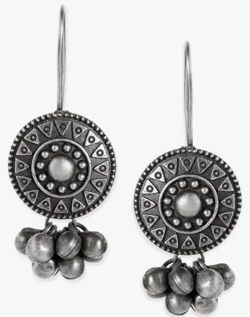 El Regalo Silver Lookalike Brass Oxidized Hook Earrings with Ghungroo for Women/Girls- Ethnic Traditional Earrings