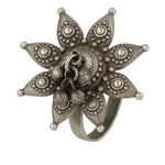El Regalo Adjustable Oxidized Silver Floral Statement Ring for Women & Girls - Antique Traditional Finger Ring with Ghungroo Charm - Boho Ethnic Jewellery
